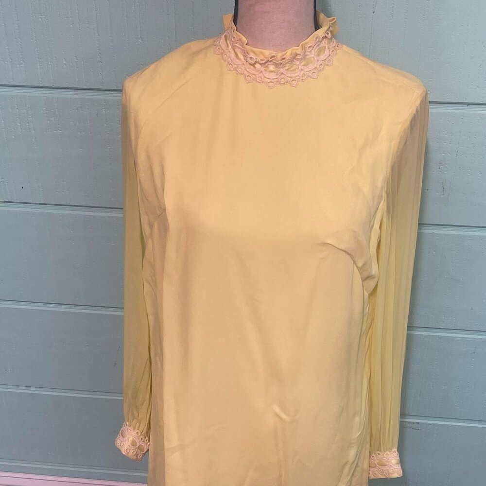 Vintage 60s Yellow Lace Trim Stress Mod Retro Long Sleeve M